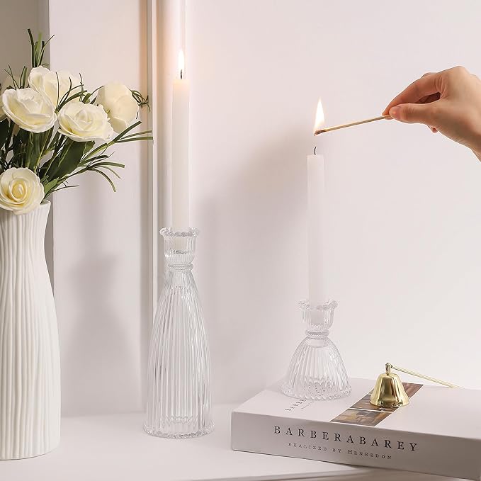 Vertical Stripe Candlestick Holders Set of 3, Premium Glass Candle Holders for Candlesticks and Taper Candles, Vintage Candle Holder Decor for Table Centerpiece, Clear