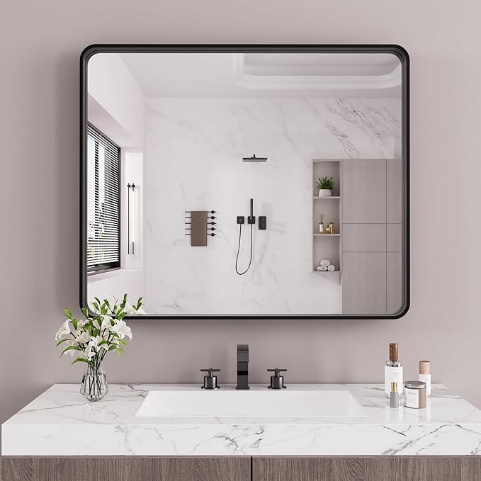 Black Bathroom Mirror 48X40 Inch, Black Metal Framed Mirror for Wall, Rounded Rectangle Matte Bathroom Vanity Mirror with Tempered Glass, Anti-Rust, Horizontal/Vertical