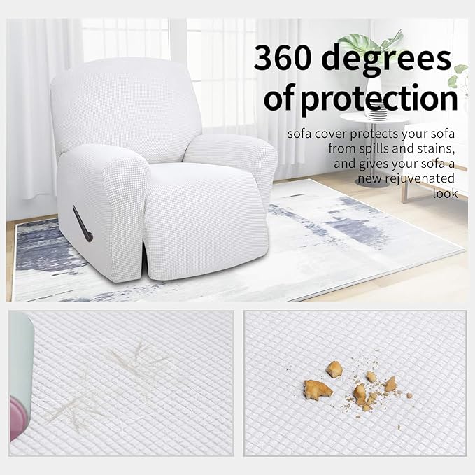 Easy-Going 4 Pieces Oversized Recliner Stretch Sofa Slipcover Sofa Cover Furniture Protector Couch Soft with Elastic Bottom Polyester Spandex Jacquard Fabric Small Checks Snow White, X-Large
