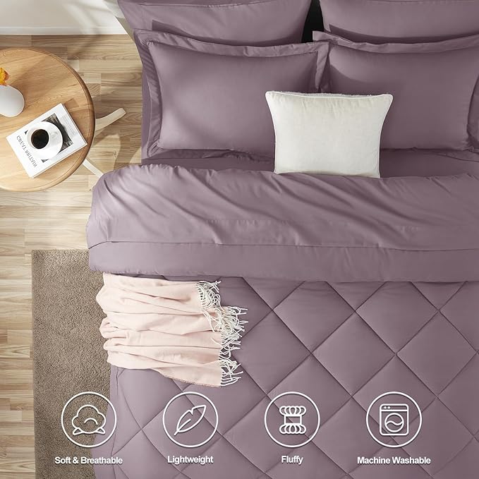CozyLux King Size Comforter Set Dusty Purple - 7 Pieces Bed in a Bag King, Soft Bed Set for All Seasons, Bedding Set with Down Alternative Comforter, Sheets, Pillowcases & Shams, Grayish Purple