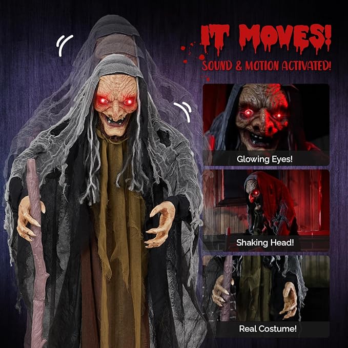 AW Animated Halloween Decorations,Scary Witch with Crutch,5.3FT Life Size Standing Clown,Motion/Sound Activated LED Eyes Creepy Sound,Haunted House Props Party Outdoor Indoor Lawn Yard Patio 2025