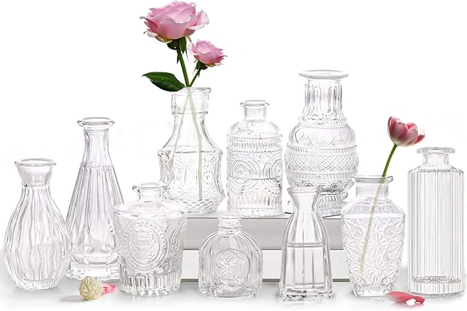 Bud Vases- Set of 10 Small Flower Glass Vases for Centerpieces, Cute Clear Crystal Bud Glass in Bulk, Mini Vintage Design for Wedding Decorations Party Table Flower Decor