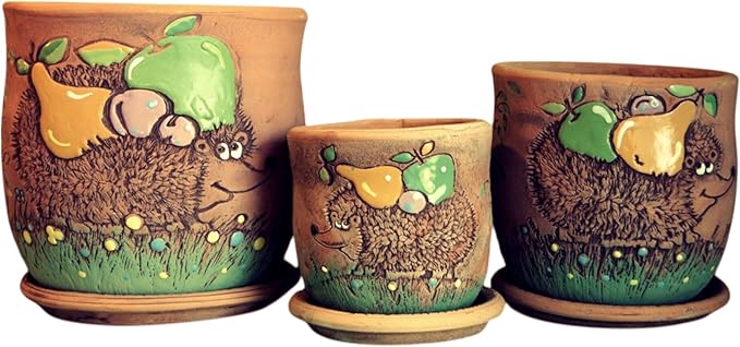 Ceramic Pot with Drainage Hole and Saucer, Plant Pots, Modern Decorative Planters for House Plants Indoor Flowers Plants, Cute Flower Pot - Gifts (Hedgehog (1.7 L))
