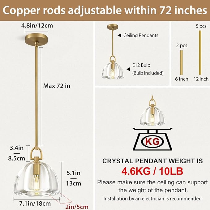 Botanist Crystal Dome Pendant Light Fixture,7" Crystal Modern Brass Pendant Lights Kitchen Island, Hanging Crystals Dome Pendant, Gold Kitchen Pendant Lighting Over Island,E12 Bulb Included