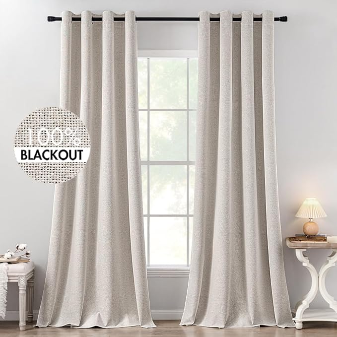 MIULEE 100% Blackout Linen Textured Curtains for Bedroom Solid Thermal Insulated Ivory Grommet Room Darkening Curtains & Drapes Luxury Decor for Living Room Nursery 52 x 132 Inch (2 Panels)