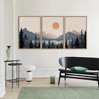 Tinonedraw Boho Mountain Framed Canvas Wall Art Set of 3, Watercolor Nature Landscape Art Prints, Modern Sunrise Art Paintings, Black Pines Tree Forest Wall Decor for Living Room Bedroom Office 16"x24"x3