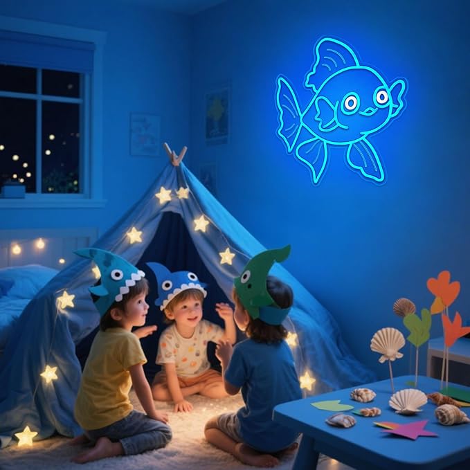 Neon Signs for Wall Decor Lucky Blue Goldfish LED Signs for Wall Art Decor Ocean theme Restaurant Home Bar Kitchen Dining Bedroom Decor Christmas Gifts