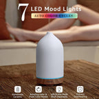200ML Ceramic Essential Oil Diffuser - Ultrasonic Aromatherapy & Humidifier with 7-Color LED Lights, Auto Shut-Off, Wood Grain Base, 1H/3H/6H Timer | Scent for Home, Office, Yoga