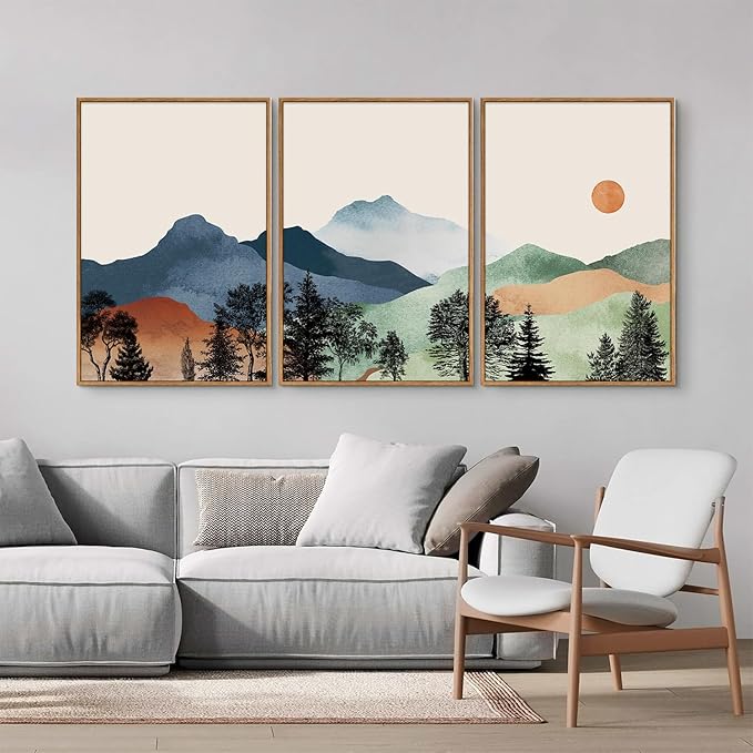 SIGNINART Boho Mountains Framed Canvas Wall Art Set of 3, Watercolor Nature Landscape Art Prints, Neutral Modern Sunrise Art Paintings, Green Forest Wall Decor for Living Room Bedroom Office 24"x36"x3