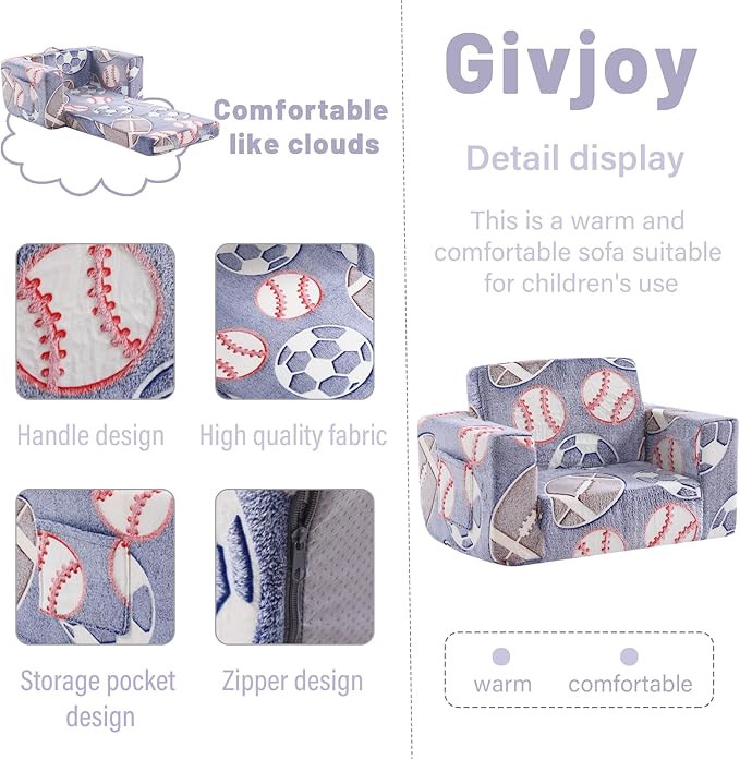 Toddler Chair Kids Couch, 2-in-1 Toddler Soft Sherpa Couch Fold Out Armchair Glow in The Dark with Removable Cover, Convertible Reading Chair Toddler Sofa for Kids, Football