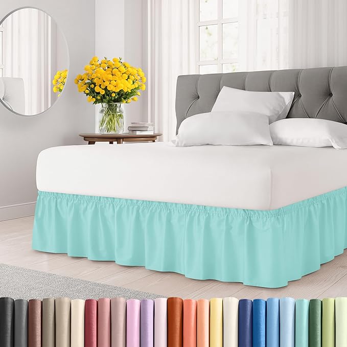 Wrap Around Dust Ruffle Bed Skirt - Spa Blue - for Queen Size Beds with 15 Inch Drop - Elastic Strap - Adjustable Pleated Bedskirt with Brushed Fabric and Wrinkle Free - for Women, Men, Kids & Teens