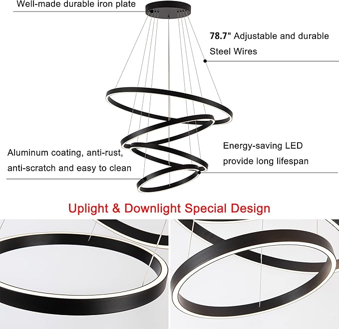 Large Modern Chandelier, 15.7"-31.4" Ring Chandelier LED Black Chandelier, 3000K High Ceiling Chandelier with 4 Ring, Large Chandeliers for High Ceiling Foyer Office