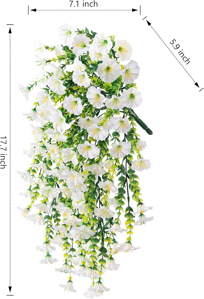 Ivydale 2 PCS Artificial Hanging Flowers Fake Plants Outdoor,Silk Morning Glory Faux Flowers with Eucalyptus Leaves,UV Resistant Realistic Mums Hanging Petunias Plants for Home Garden Decor (Beige)