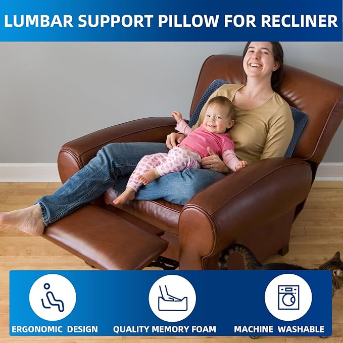 MABOZOO Memory Foam Back Support Cushion for Recliner Chair,Lumbar Support Pillow for Elderly,Extra Large Lumbar Support Pillow with Extension Straps,Navy Blue