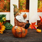 Topadorn Fall Garden Gnome Figurine Sitting on Pumpkin Statue Autumn Harvest Garden Gnomes Statue Figurine for Patio Yard Lawn Porch Decoration, Happy Fall