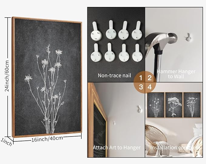 Tinonedraw Black and White Botanical Framed Canvas Wall Art Set, Vintage Floral Wall Decor, Dark Academia Minimalist Plant Art Paintings, Abstract Wildflower Art Print for Living Room Bedroom 16"x24"x3