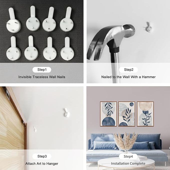 KAIRNE Boho Plant Wall Art Set of 3,Blue Bohemain Framed Canvas,Abstract Geometric Line Wall Painting,Modern Nature Prints,Botanical and Moon Wall Art for Living Room Bedroom Office - 3Pieces,16”X24”