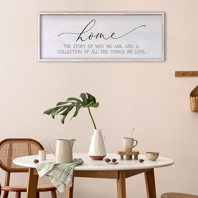 Home The Story of Who We Are Sign Farmhouse Family Wall Decor 32x12 Inch Plaque Wood Framed Art for Hanging (White)