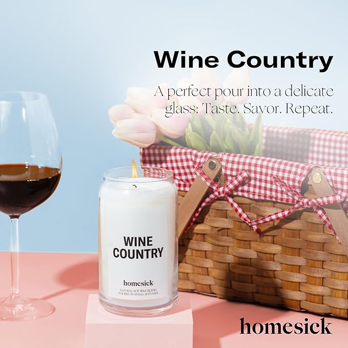 Homesick Scented Candles for Home (Wine Country) - 13.75 oz Long-Lasting Soy Wax Blend Jar Candle Gifts for Women & Men, 60-80 Hours Burn Time - Notes of Grapevines, Santal & Lily of The Valley