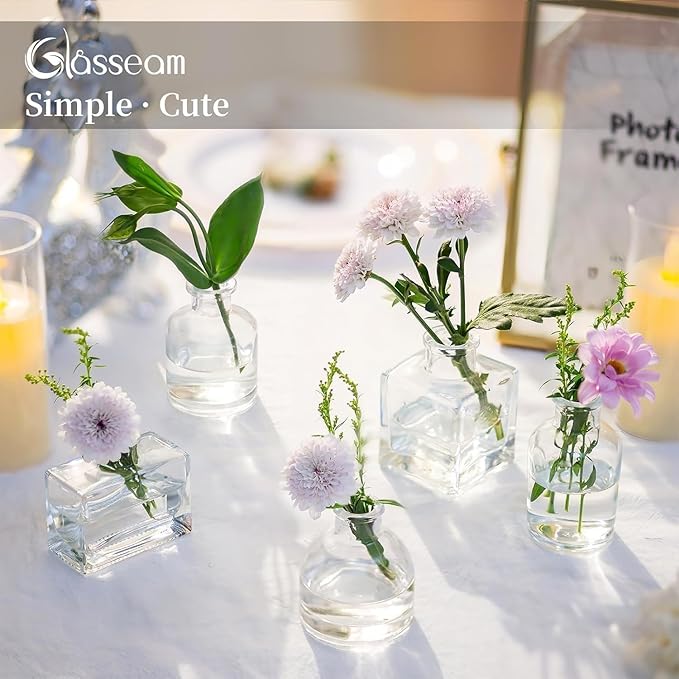 Glasseam Mini Glass Bud Vases: Small Clear Vases for Centerpieces Cute Tiny Flower Vase Set of 5 for Flowers Modern Centerpiece Decor for Wedding Party Dining Room Decoration
