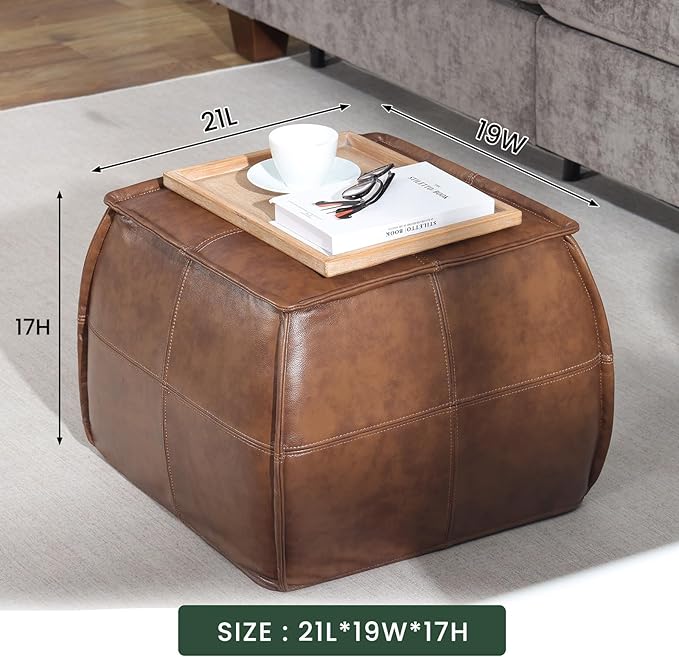 Genuine Leather Square Pouf Ottoman Footstool for Living Room, Bedroom, Indoor (Brown)