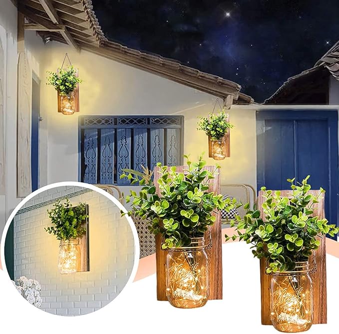 Rustic Wall Sconces, Mason Jar Sconces, Farmhouse Home Decor, LED Fairy Lights, Green Fake Plant, Interior Decoration Warm Toned Lighting. (2 Pack)