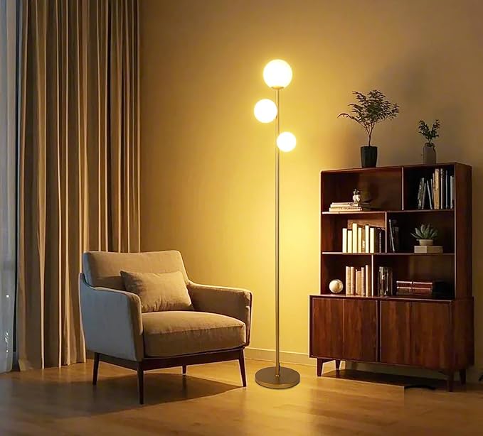 Fiqevs 3 Globe Mid Century Modern Floor Lamp for Living Room, Gold Standing Lamp with Frosted Glass Shade and 3x2700K Warm LED Bulbs, Vintage Retro Tall Lamps for Bedrooms, Office - Antique Brass