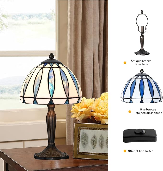 TL0034 Tiffany Style Table Lamp with Stained Glass Shade, Vintage Bronze Base W 8" x OH 14.25", Great for Home Office Small Space, LED Bulb Included (Blue White)