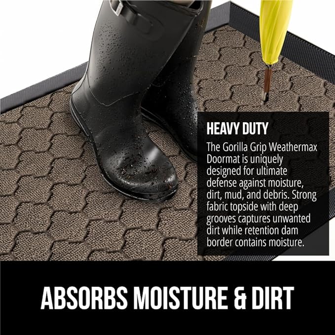 GORILLA GRIP 100% Waterproof All-Season WeatherMax Doormat, 47x35, US Designed Natural Rubber, Stain and Fade Resistant, Low Profile Indoor Outdoor Door Mats, Easy Clean Patio Mat, Latte Quatrefoil