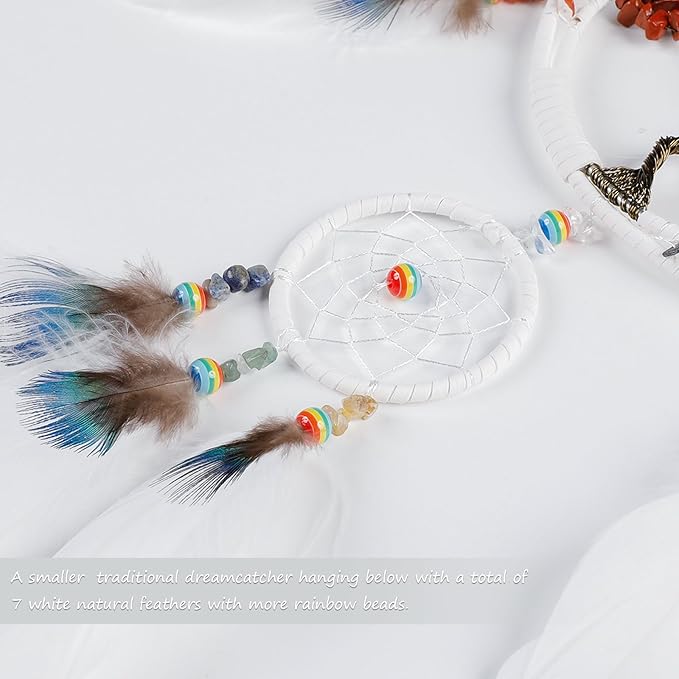 7 Chakras Tree of Life Dream Catcher Wall Decor with Rainbow Healing Crystal Stone Handmade White Feather DreamCatchers Wall Hanging Ornaments for Bedroom Home Decor Blessing Gift Wedding Party-23.6"