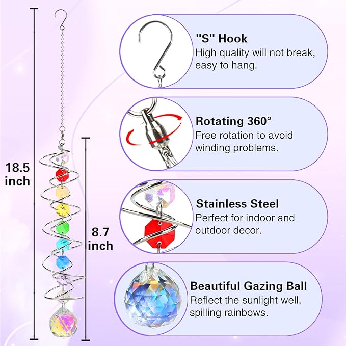 Suncatcher Wind Spinner Gazing Ball Spiral Tail, Crystal Sun Catchers with Seven Chakra Beads Window Hanging for Indoor Home Outdoor Garden Decor Wedding Birthday Party Gifts for Girl Women Mom