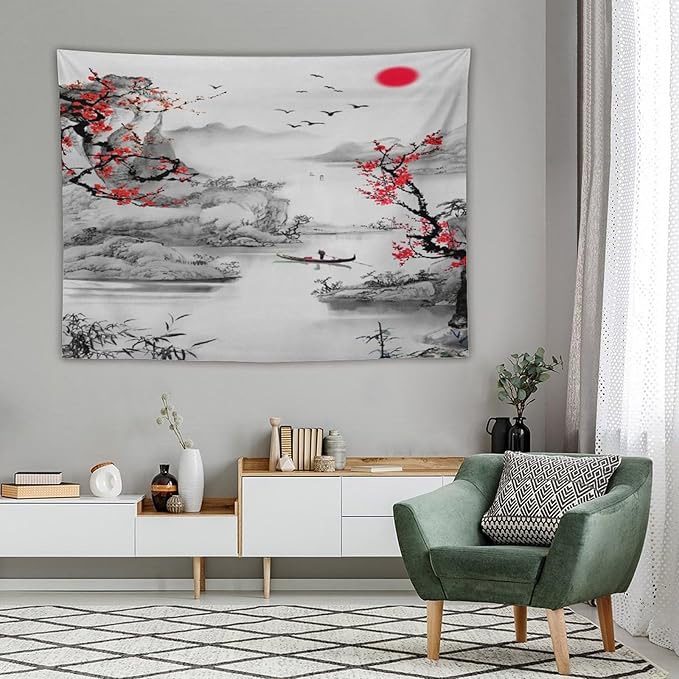 Cherry Blossoms Tapestry,Japanese Red Landscape Watercolor Abstract Art Tapestry,Asian Japanese Wall Tapestry, Nature Landscape Tapestries for Bedroom Living Room Decor 80"x60"