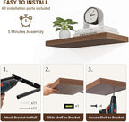 24 Inch Floating Shelves, 24"x9.25"x1.5" Inch Deep Floating Shelves for Wall, Wooden Shelves for Bathroom, Bedroom, Living Room, Walnut