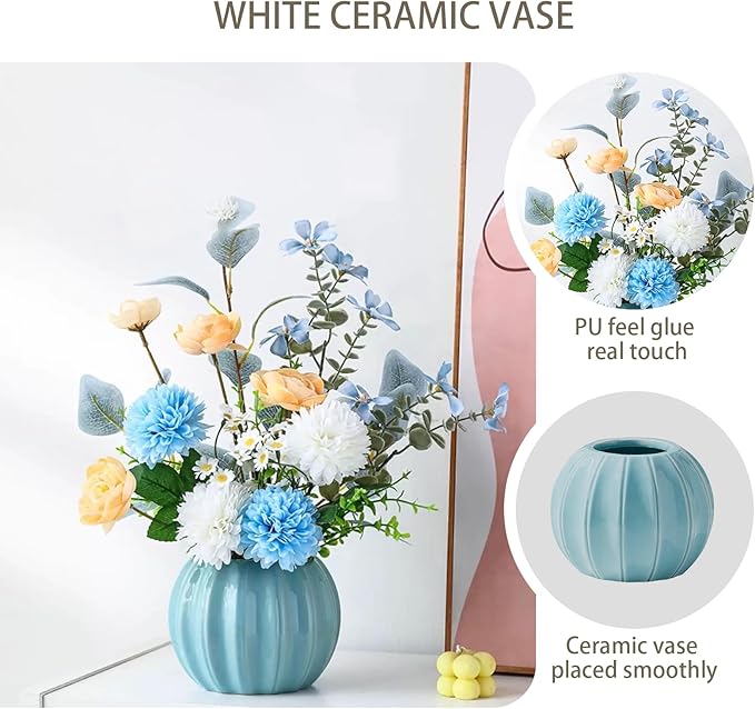 Artificial Flowers, Fake Flowers in Vase, Silk Flowers with Ceramic Vase, Faux Flowers Arrangement for Homes, Restaurants Decoration Dining Table Centerpiece Decor (Blue)
