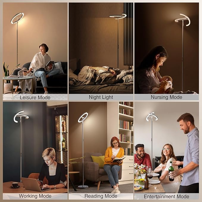 FIMEI Split Floor Lamp Modern LED Rotatable Floor Lamp, Eye-Protection Reading Standing Lamp with Stepless Dimming and 3000K-6000K Color, Separately Rotatable Design, Gray