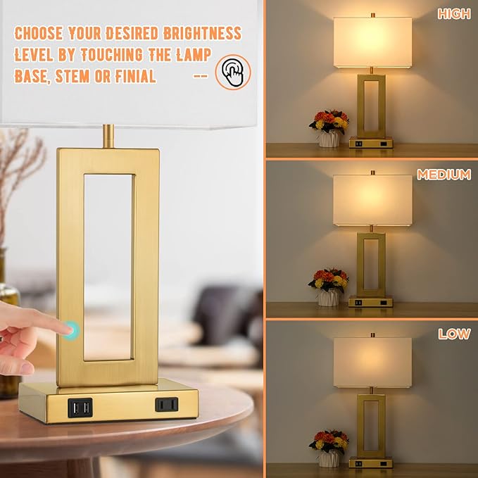 22’’ Table Lamps for Bedrooms Set of 2, Gold Bedside USB Desk Lamp with AC Outlet, Touch Control Modern Vintage Living Room Table Lamp for Nightstand End Table, 3-Way Dimming with 2 E26 Edison Bulbs