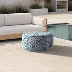 Inflatable Ottoman Stool D21 xH9 for Outdoor/Indoor Use, Water Repellent Patio Foot Rest with Portable Handle,Round Pouf Ottoman Suitable for Garden,Deck and Camping - Boho Geometry Blue