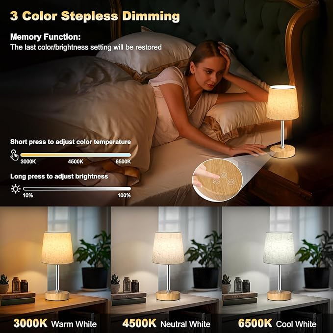 Small Cordless Table Lamp,5000mAh Rechargeable Battery Operated Desk Lamp,3 Colors & 7 RGB Stepless Dimmable, Portable Touch Bedside Night Light for Patio Restaurant Home,Wood Base,Flaxen Shade