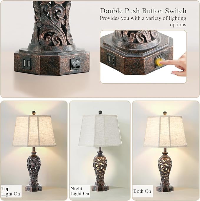 Set of 2 Farmhouse Table Lamps for Living Room, Rustic Vintage Nightstand Lamp with 2 USB Port, Bronze Resin Lamps for Bedroom End Table with Hollow Out Nightlight, 2 Bulbs Included