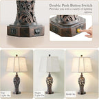 Set of 2 Farmhouse Table Lamps for Living Room, Rustic Vintage Nightstand Lamp with 2 USB Port, Bronze Resin Lamps for Bedroom End Table with Hollow Out Nightlight, 2 Bulbs Included