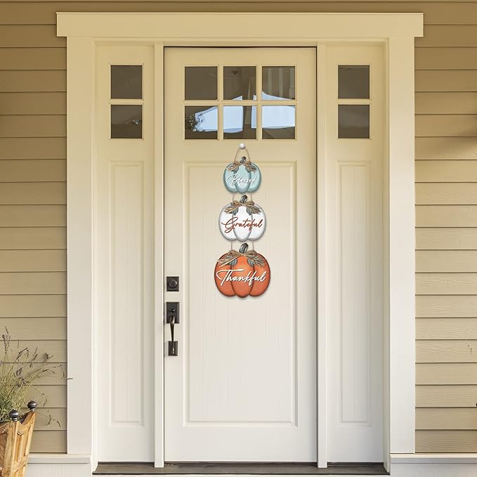 3 Pieces Pumpkin Decor Grateful Thankful Blessed Wall Signs,Rustic Hanging Welcome Door Sign for Autumn Harvest Thanksgiving Halloween Door Wall Decoration Indoor Outdoor Fall Decor for Home