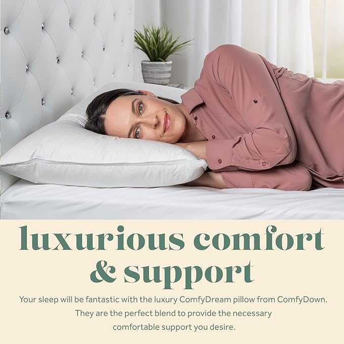 ComfyDown 50/50 Down Feather Blend ComfyDream Bed Pillow for Sleeping, Egyptian Cotton Cover, Made in USA, Queen Size (King)