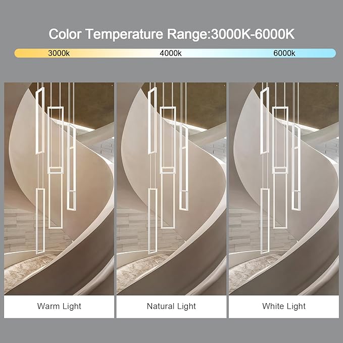 Modern Adjustable Height Pendant Light White 108W LED Pendant Lights 6 Rings Rectangular Chandelier Staircase Large Chandelier Lobby Living Room Kitchen Island Foyer High Ceiling Chandeliers