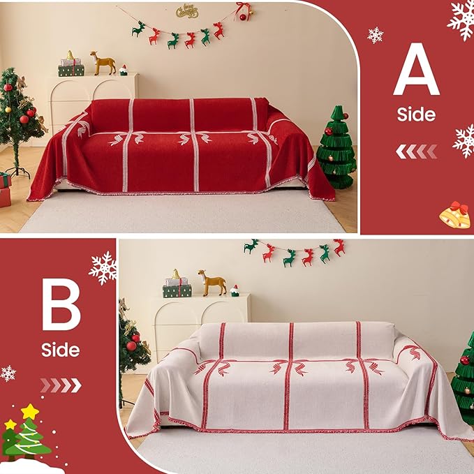 Chenille Armchair Sofa Slipcover Washable Furniture Protector Recliner Couch Cover 1-Piece Cushion Stain Resistant Chair Cover Soft Breathable Couch Cover Blanket, Red Bow 71"x 134"