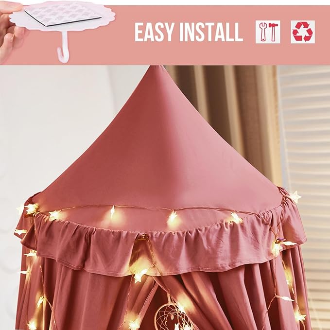 Kertnic Decor Canopy for Kids Bed, Soft Smooth Playing Tent Canopy Girls Room Decoration Princess Castle, Dreamy Mosquito Net Bedding, Children Reading Nook Canopies in Home (Red Bean Color)