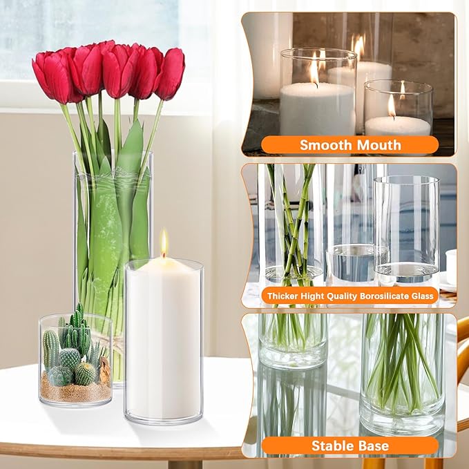 12 Pack Glass Cylinder Vases 4,6,8,10 Inch Tall Clear Flower Vase Hurricane Floating Candle Holder for Table Centerpiece Wedding Home Decor.