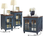 Farmhouse End Table Set of 3 with Charging Station, 18'' Narrow Side Table and 24" Large Sofa Side Table with Glass Barn Door Storage, Wood Night Stand Bedside Table for Living Room,Bedroom
