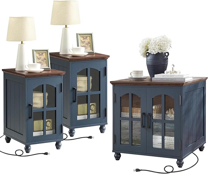 Farmhouse End Table Set of 3 with Charging Station, 18'' Narrow Side Table and 24" Large Sofa Side Table with Glass Barn Door Storage, Wood Night Stand Bedside Table for Living Room,Bedroom