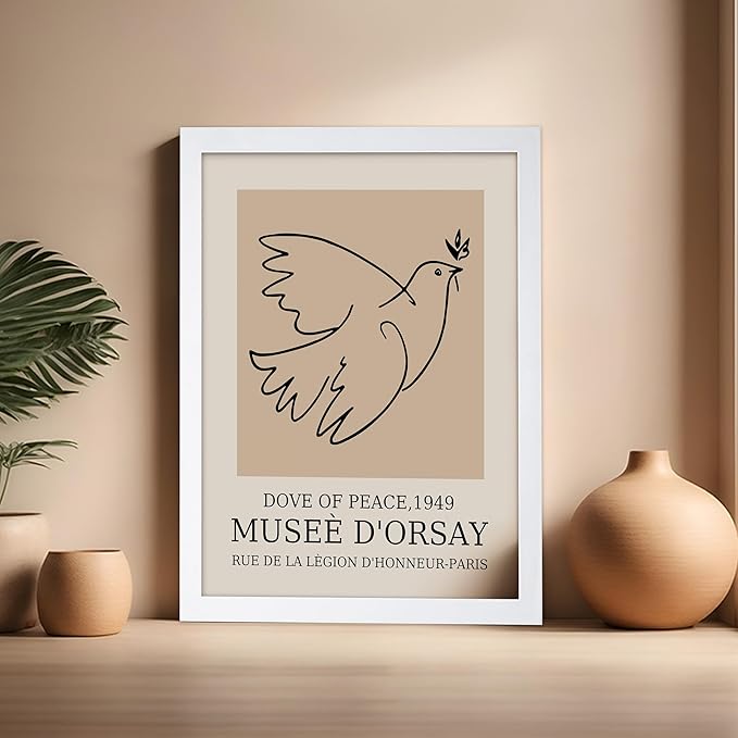 Poster Master Vintage Poster - Retro Minimalist Print - Gift for Artist, Friend - Dove Of Peace, Line Drawing, Sketch, Abstract - Wall Decor for Living Room, Bedroom, 16x20 White Framed