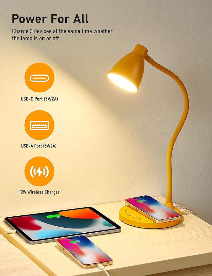 BOHON LED Desk Lamp with USB C+A Charging Ports Wireless Charger, 5 Colors Stepless Dimming Touch Reading Light, Flexible Gooseneck Lamp for Home Office Bedside Table College Dorm Room, Bright Yellow